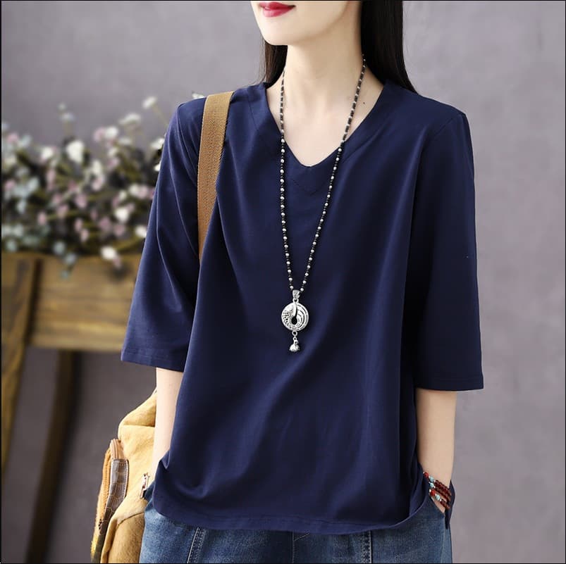 2025 Summer New V-Neck Casual Versatile Thin 3/4 Sleeve Women's T-Shirt