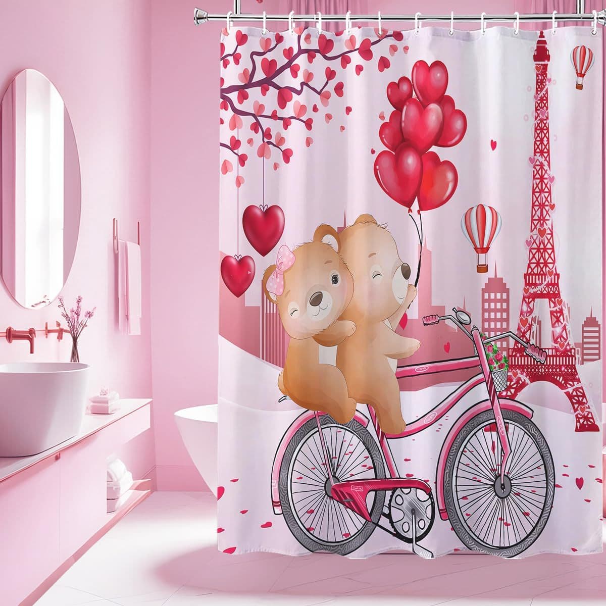 Cross-Border Romantic Tower Bicycle Sweet Love Floral Print Happy Valentine's Day Decorative Printed Bathroom Shower Curtain