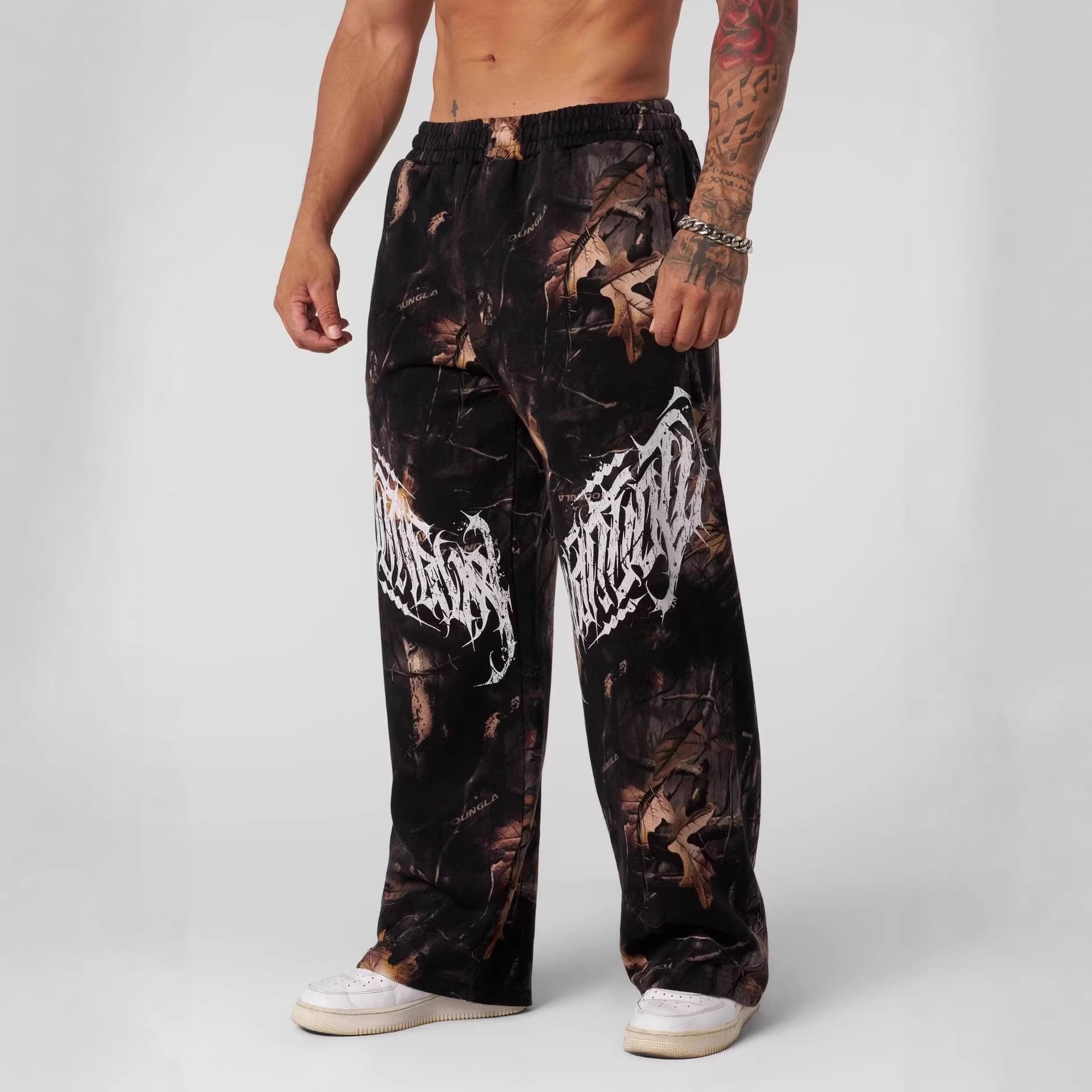 YOUNGLA Men's Sweatpants Leaf Camo Print Straight-Leg Casual Pants Loose Athletic Outdoor Wide-Leg Trousers