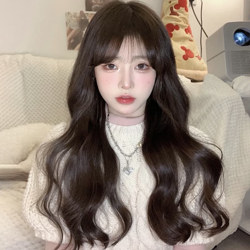 Cross-border Women's Long Wig, Big Wave Curly Hair, Korean Style Water Wave for Round Face, Air Bangs, Realistic Human Hair Full Head Wig