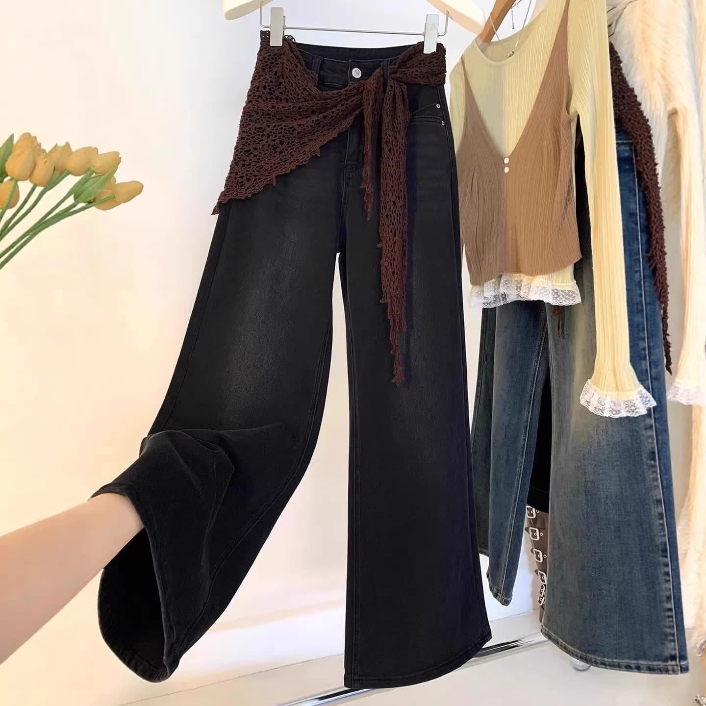 2026 Spring New Arrival Black Flared Straight-Leg Jeans for Women, High-End Draped Korean Style Long Pants