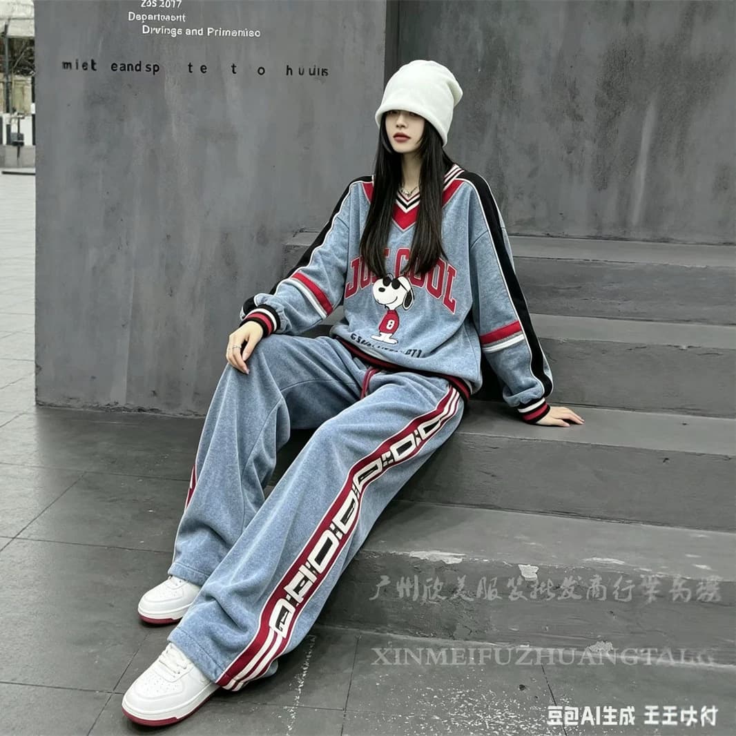 European Style Denim Hoodie and Sweatshirt Set for Women 2026 Fall New Contrast Front and Back AB Side Dog Letter Print Set