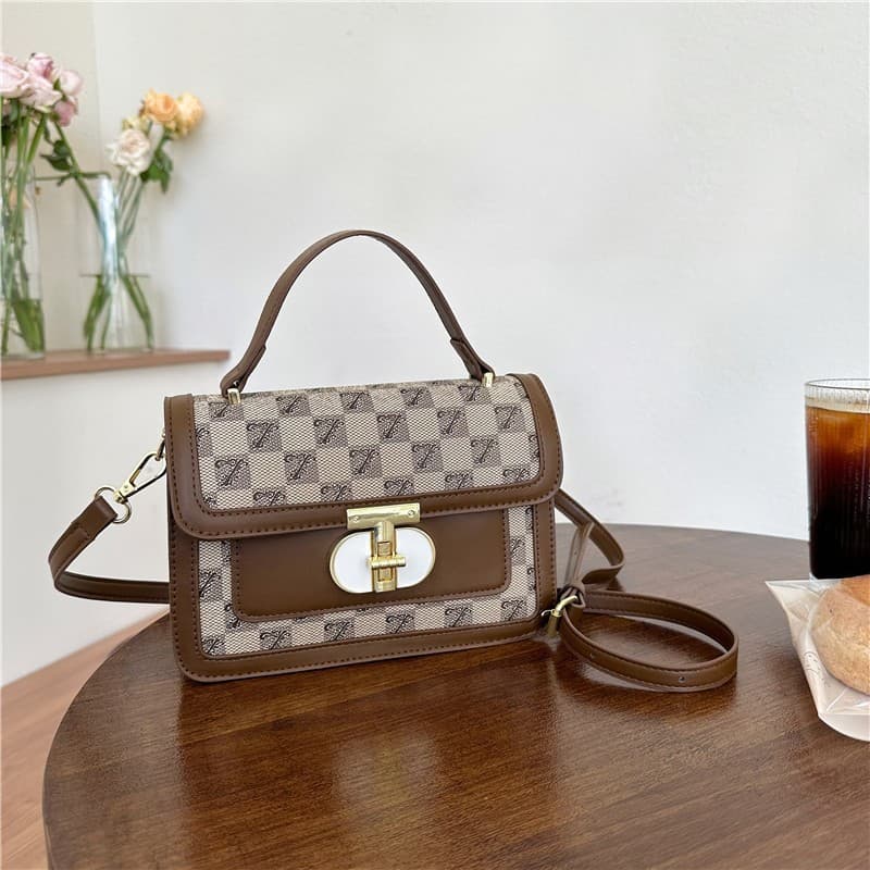 Trendy Small Square Printed Grid Lock Buckle Women's Handbag Crossbody Single Shoulder Bag Retro Versatile PU Material Daily Match