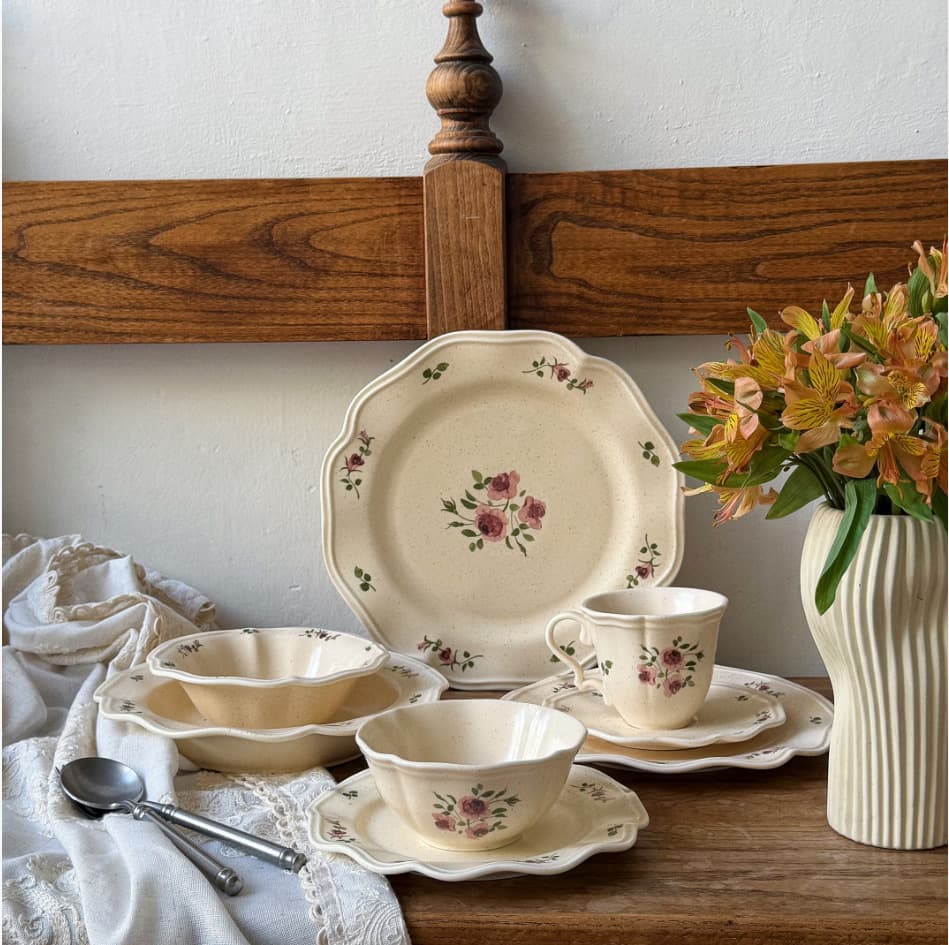 French retro sesame glazed rose ceramic tableware ceramic plate ceramic bowl coffee cup saucer dessert plate dinner plate deep plate