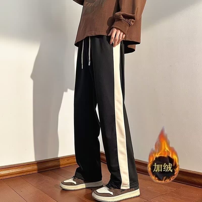 Striped pants men's autumn and winter straight loose wide legs 2026 new velvet trendy sweatpants sports casual trousers