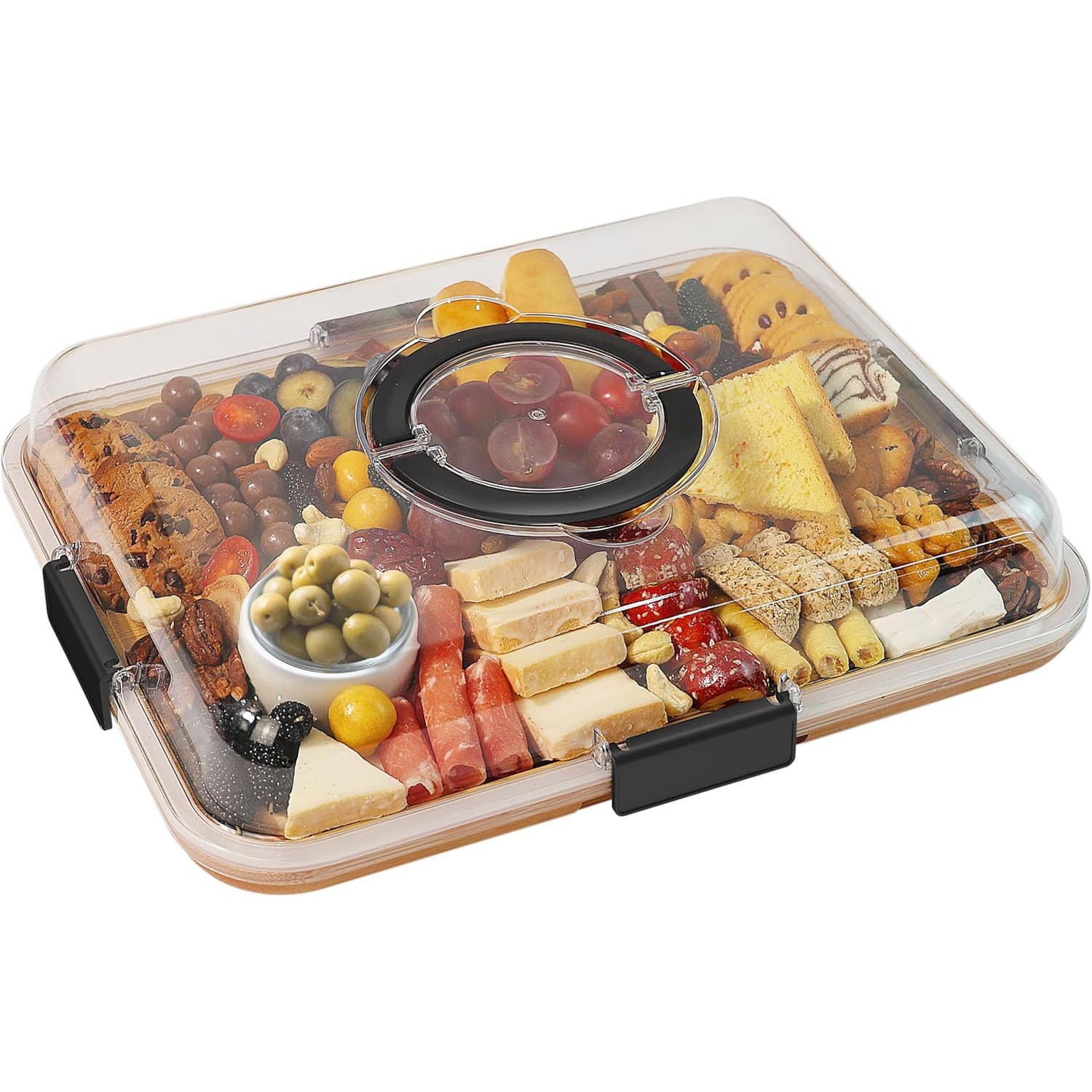 Wholesale wooden fruit and snack divider trays with transparent acrylic lids, cooked food plates, outdoor picnic solid wood plates