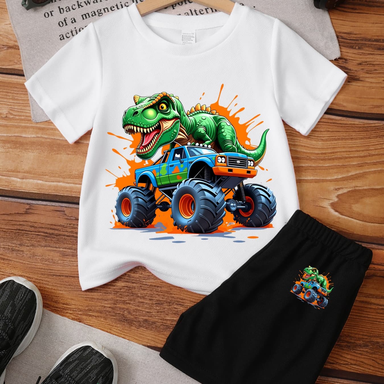 Dinosaur Toy Car Racing Print T-Shirt Boys' Shorts Two-Piece Set Crew Neck Loose Fit Top In Stock