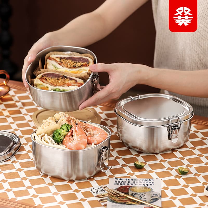 Custom 304 Stainless Steel Square Lunch Box Leak-Proof Double Buckle Portable Bento Box for Students and Office Workers