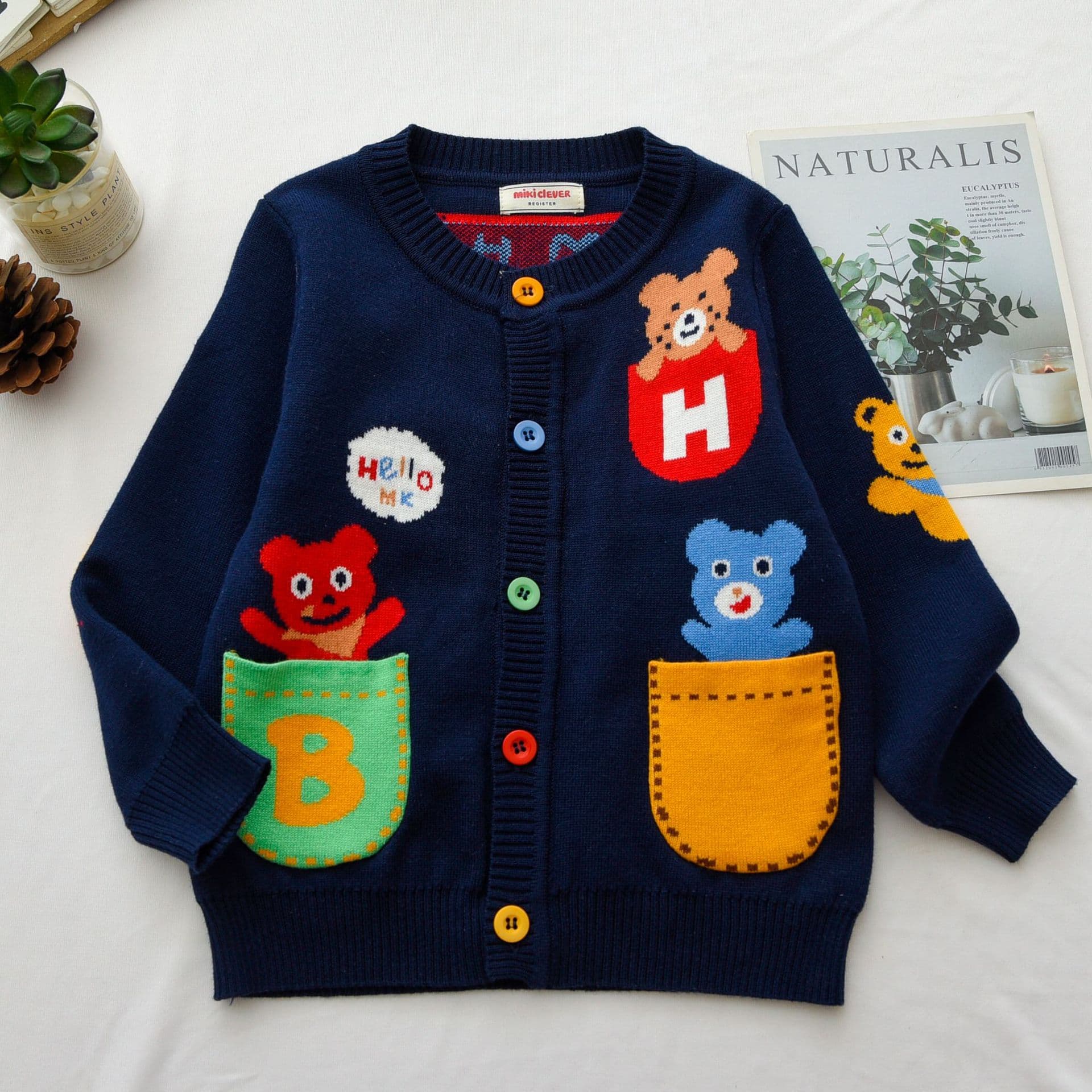 Japanese-style Bear Two-tone Pocket Knit Cardigan 24 Autumn New Jimo Children's Wear Double-layer Sweater 2304