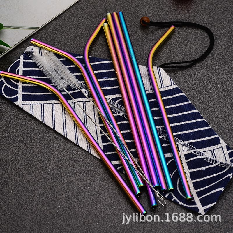 Cross-border Amazon 304 stainless steel straw beverage Boba milk tea coffee colorful metal straw set logo