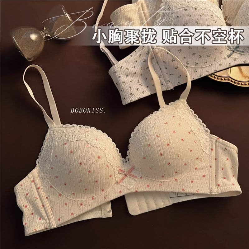 Sweet floral sexy lace underwear women's small breasts push up to look bigger without steel rings anti-sagging girl bra for women