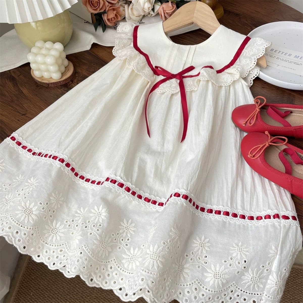 2026 Summer Girls Red Bow Lace Sleeveless Dress Baby Cotton Princess Dress Children's Dress