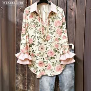 2026 Cross-border Independent Station 3D Floral Print Spring/Summer V-Neck Ruffle Long Sleeve T-Shirt