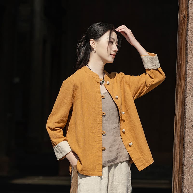 Chinese Cotton Linen Women's Contrast Color Button Shirt Vintage Linen Top Tea Dress Zen-style Chinese Tunic National Style Cardigan