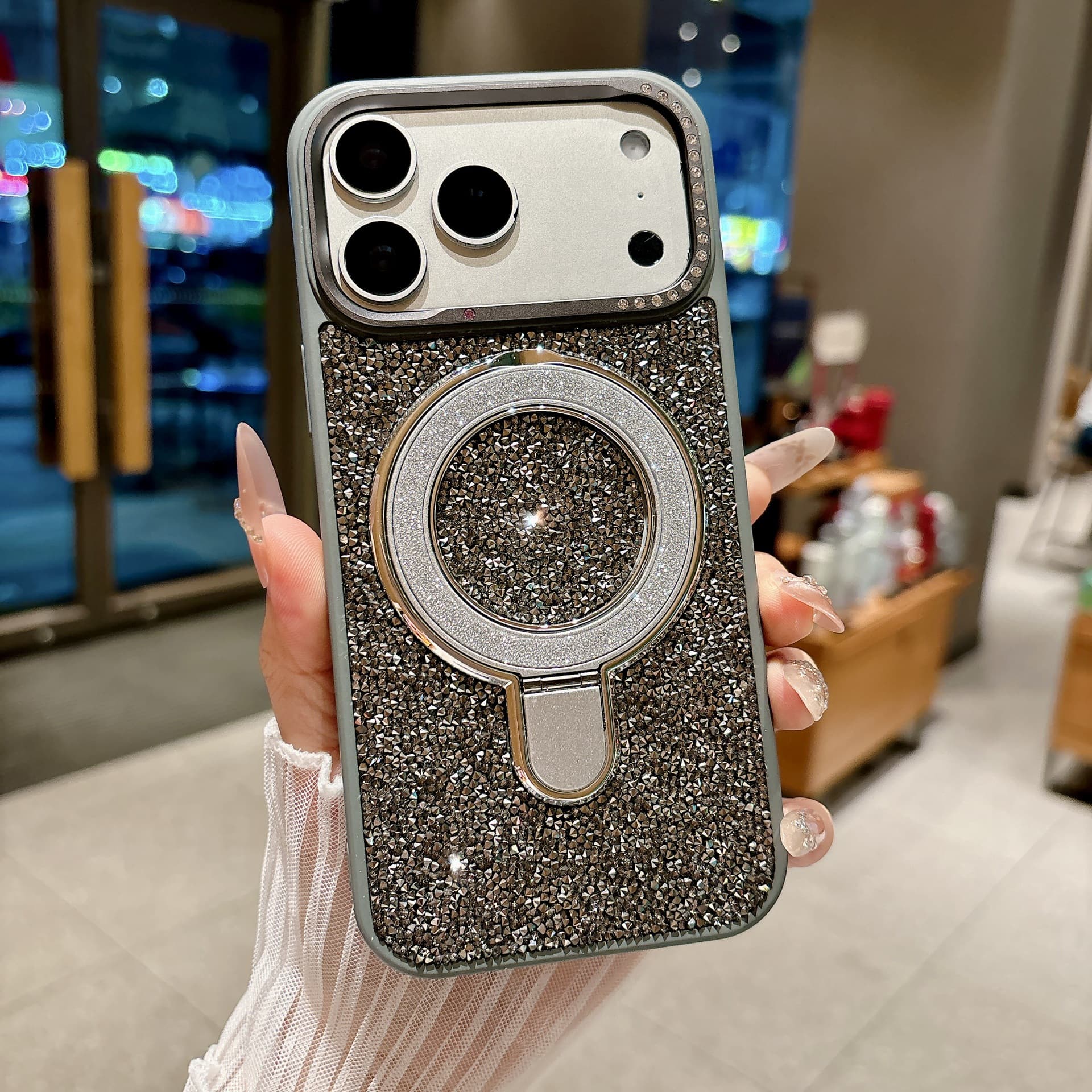 Compatible with iPhone 17 Pro Max Glitter Magnetic Bracket Phone Case, Apple 16 Sparkle Diamond Anti-Drop Simple Protective Cover