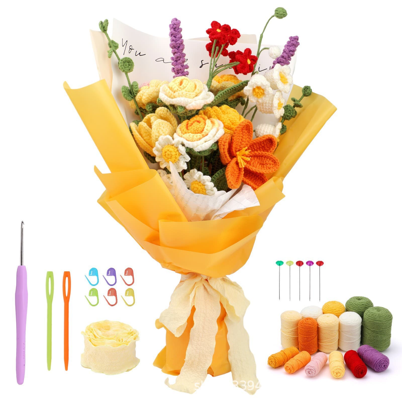 Amazon New Arrival Handmade DIY Knitted Rose Bouquet Material Kit Flower Bookmark Craft Set