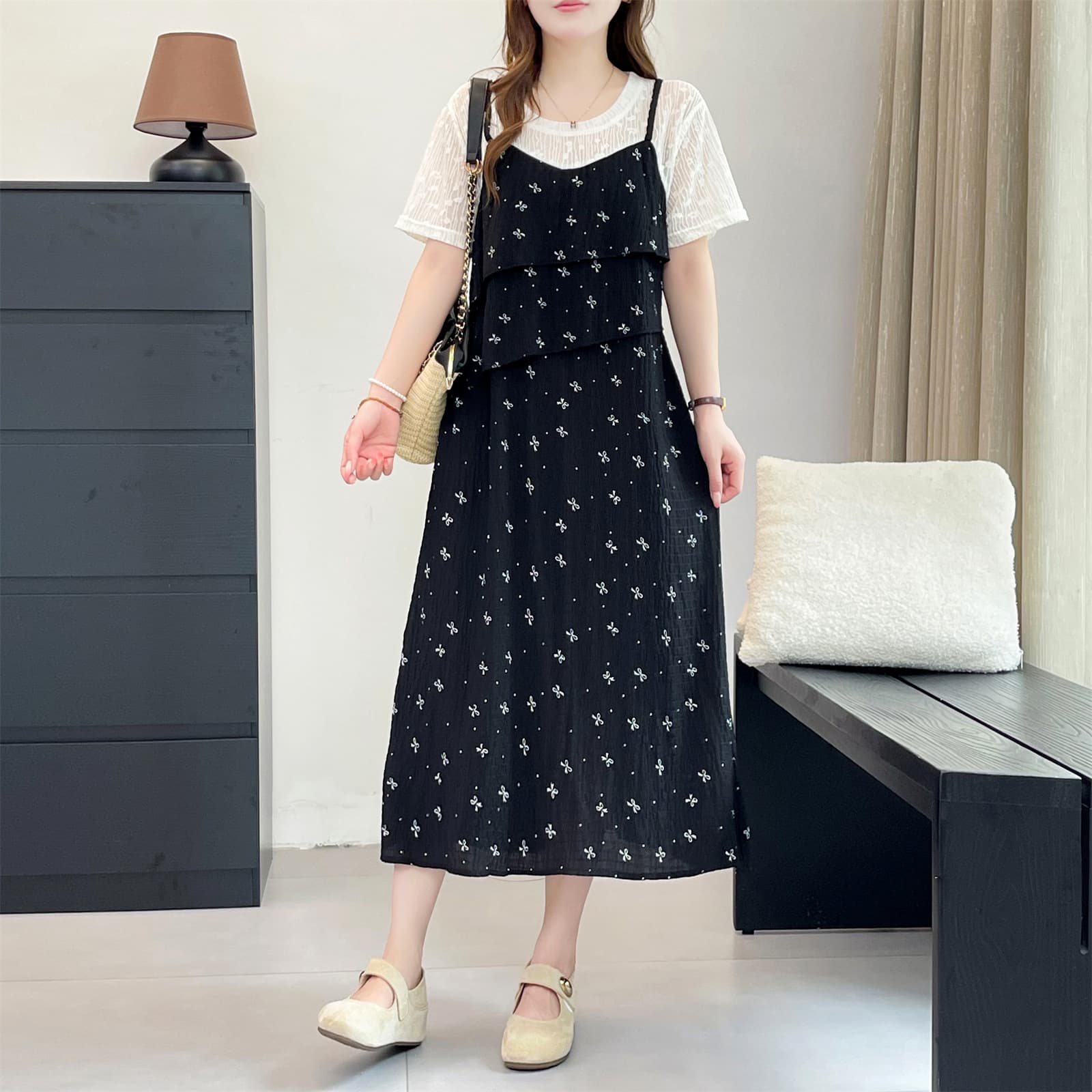 2026 Summer Plus Size Dress Short Sleeve Fake 2-Piece Contrast Lace Patchwork Long Dress Fat Girl A-Line Dress Slim 569