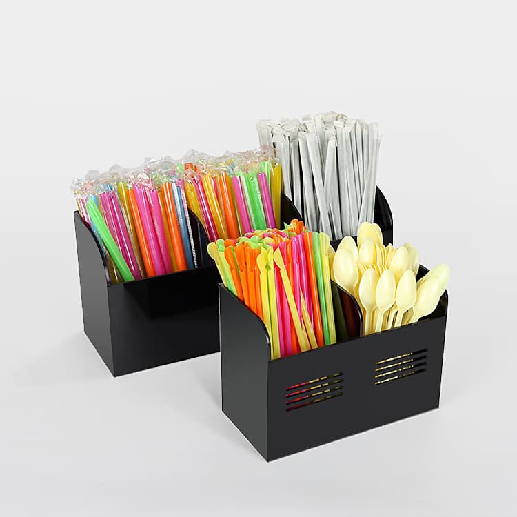 Black acrylic cup holder with three compartments for milk tea straws and spoons, a commercial-grade desktop organizer and storage solution.