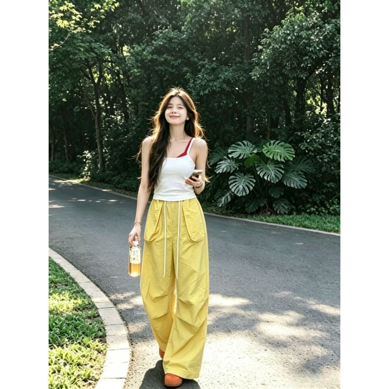 Summer Dopamine Outfit Set Women Summer Slimming White Camisole Tank Top Wide Leg Pants Two Piece Set Trendy
