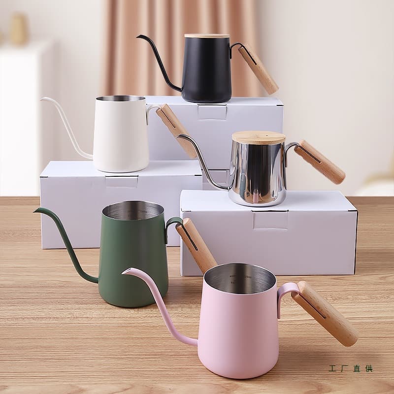 Hand Drip Coffee Pot 304 Stainless Steel Thin Mouth Long Spout Pot, Beech Handle Hanging Ear Hand Drip Pot with Scale, Custom Logo