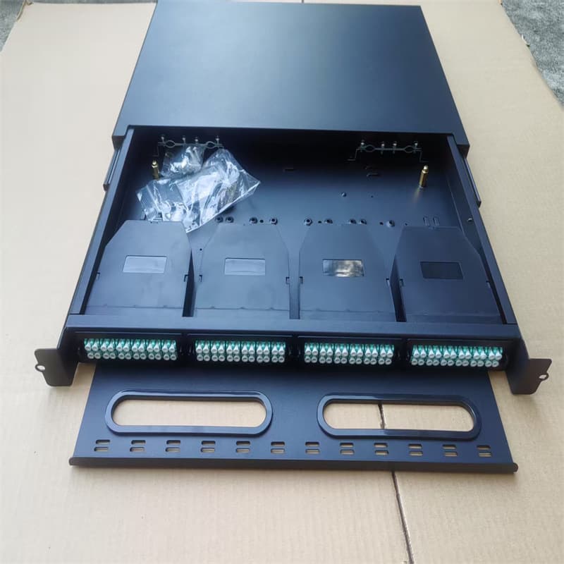 1U 96-core MPO-LC fiber optic patch panel for data center cabinets; LC-OM3 10 Gigabit 12-core/24-core fiber optic cable module box