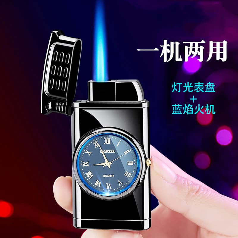 HF601 Inflatable Direct-Flame Lighter with Blue Light Dial Watch, Cross-border Creative Business Gift with Logo, Windproof