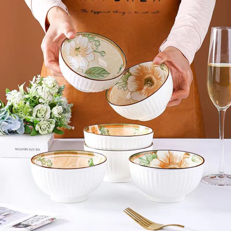 【6-Pack】4.5-Inch Vertical Grain Camellia Rice Bowl, Home Ceramic Rice Bowl with Under-glaze Color, Personalized Dining Bowl