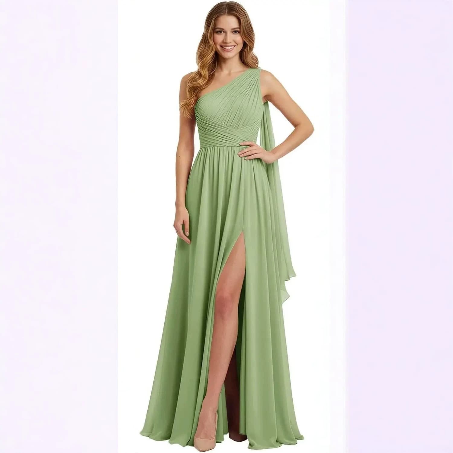 One-Shoulder Chiffon Long Evening Dress with Slit, Bridesmaid Dress for Wedding, Performance, Graduation Party, and Coming-of-Age Ceremony