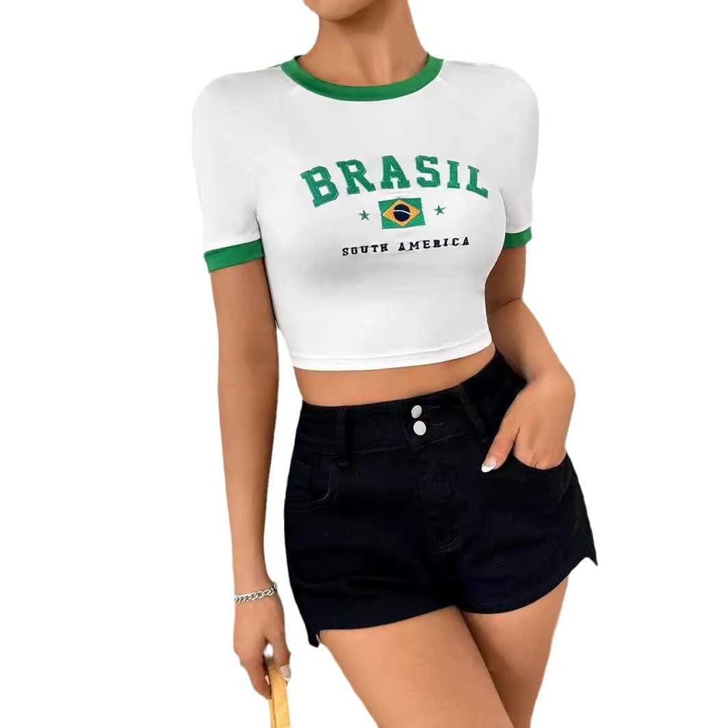 European and American Spring 2024 New Women's Short Sleeve Round Neck Casual Letter Embroidery Simple Style T-Shirt