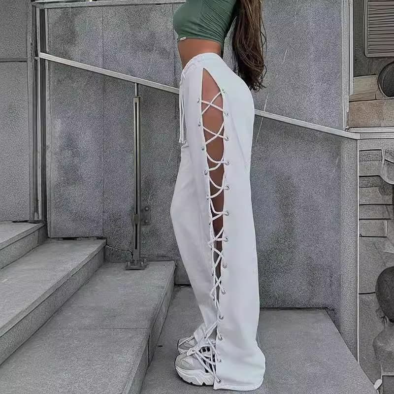 2026 Cross-Border European and American Fashion New Street Style Slim-Fit Side Slit Eyelet Lace-Up Hollow-Out Versatile Wide-Leg Pants