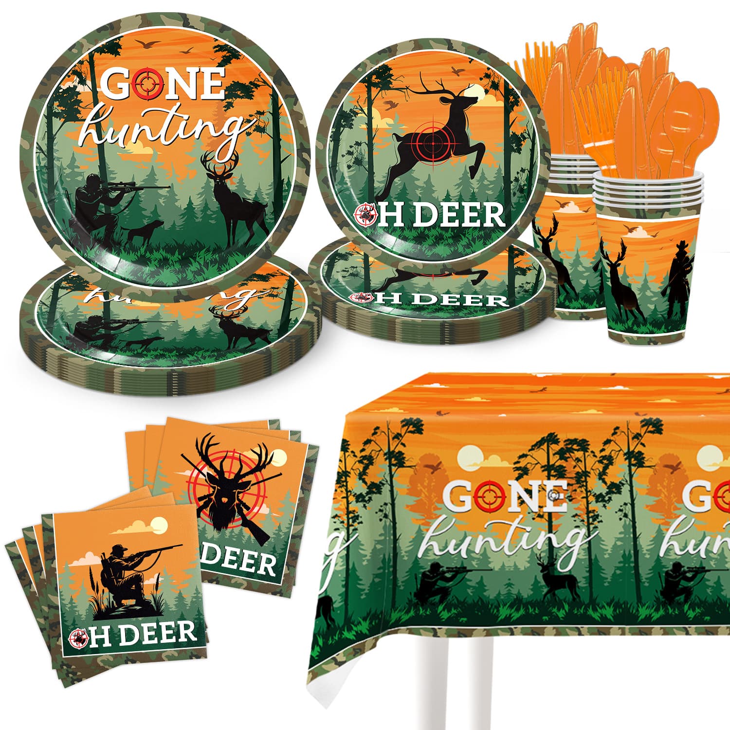 Hunting Theme Regular Birthday Party Decoration Disposable Tableware Set Paper Plates Cups Napkins Tablecloth