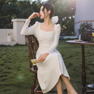 Autumn/Winter Cross-Border Little Formal Dress, Long Elegant Square Neck Wine Red Dress, Waist-Slimming, Wearable Daily