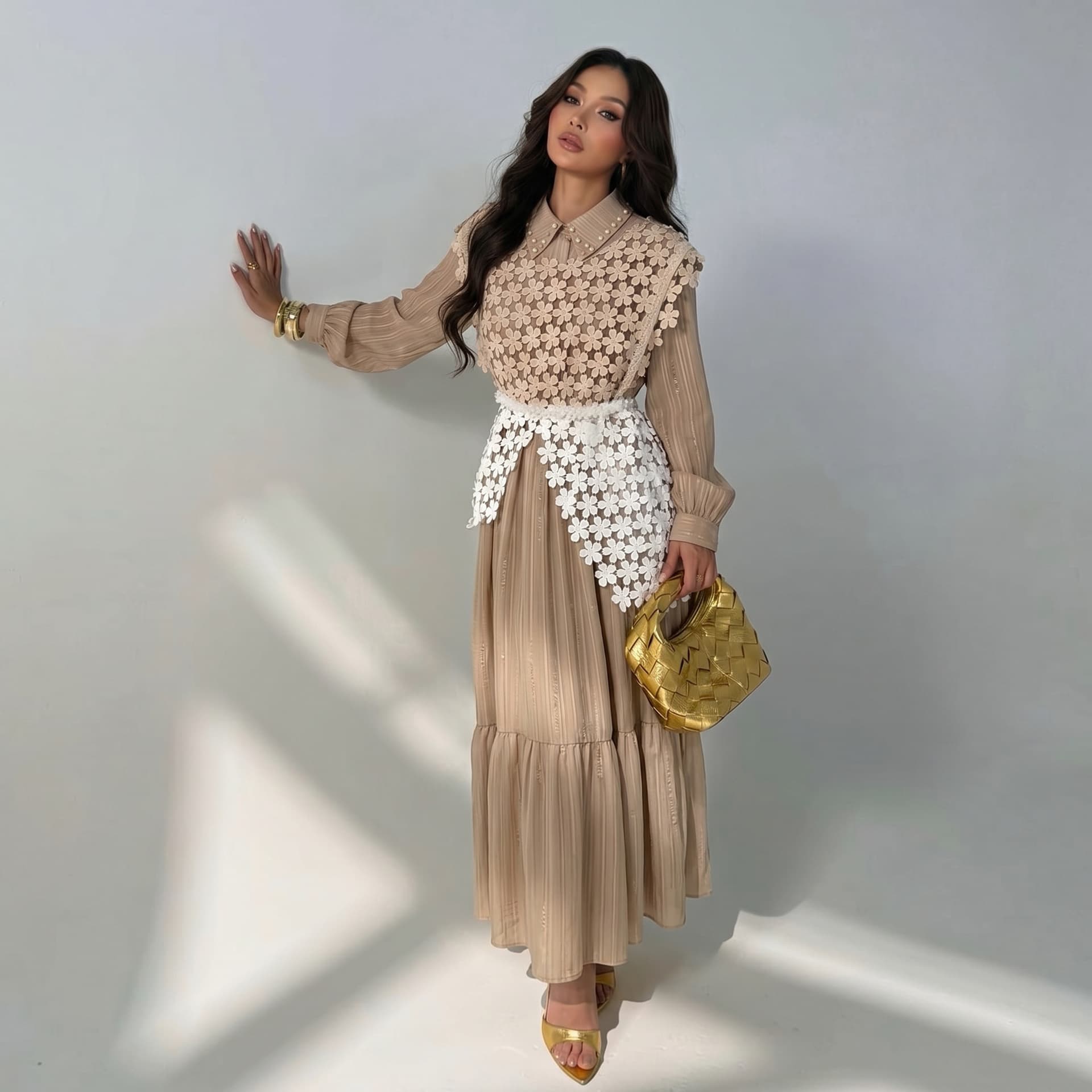 Korean Style Lace Peter Pan Collar Dress Long Sleeve Patchwork Tiered Cake Dress Vacation Long Dress Soft Satin Fabric
