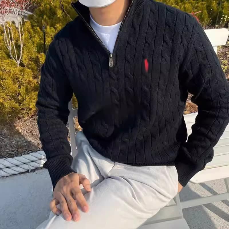 Men's Slim Fit Half-Zip Long Sleeve Knit Sweater Winter Polo Thick Cable Knit Pullover