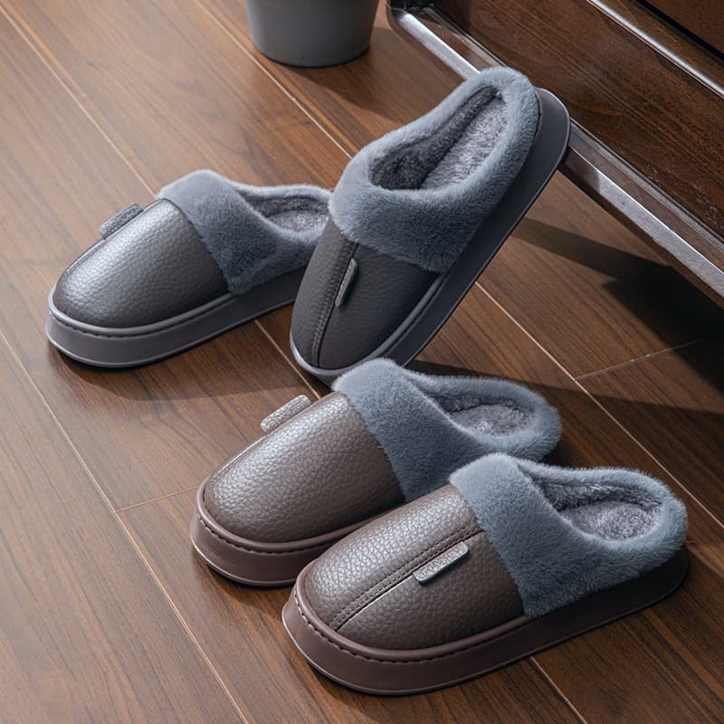 New Winter Extra Large Cotton Slippers for Men and Women, PU Leather Waterproof Thick-Soled Home Indoor Anti-Slip Warm Shoes (Size 50)