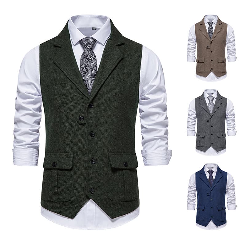 European Size Men's Herringbone Single-Breasted Vest Retro Notch Lapel Casual Waistcoat