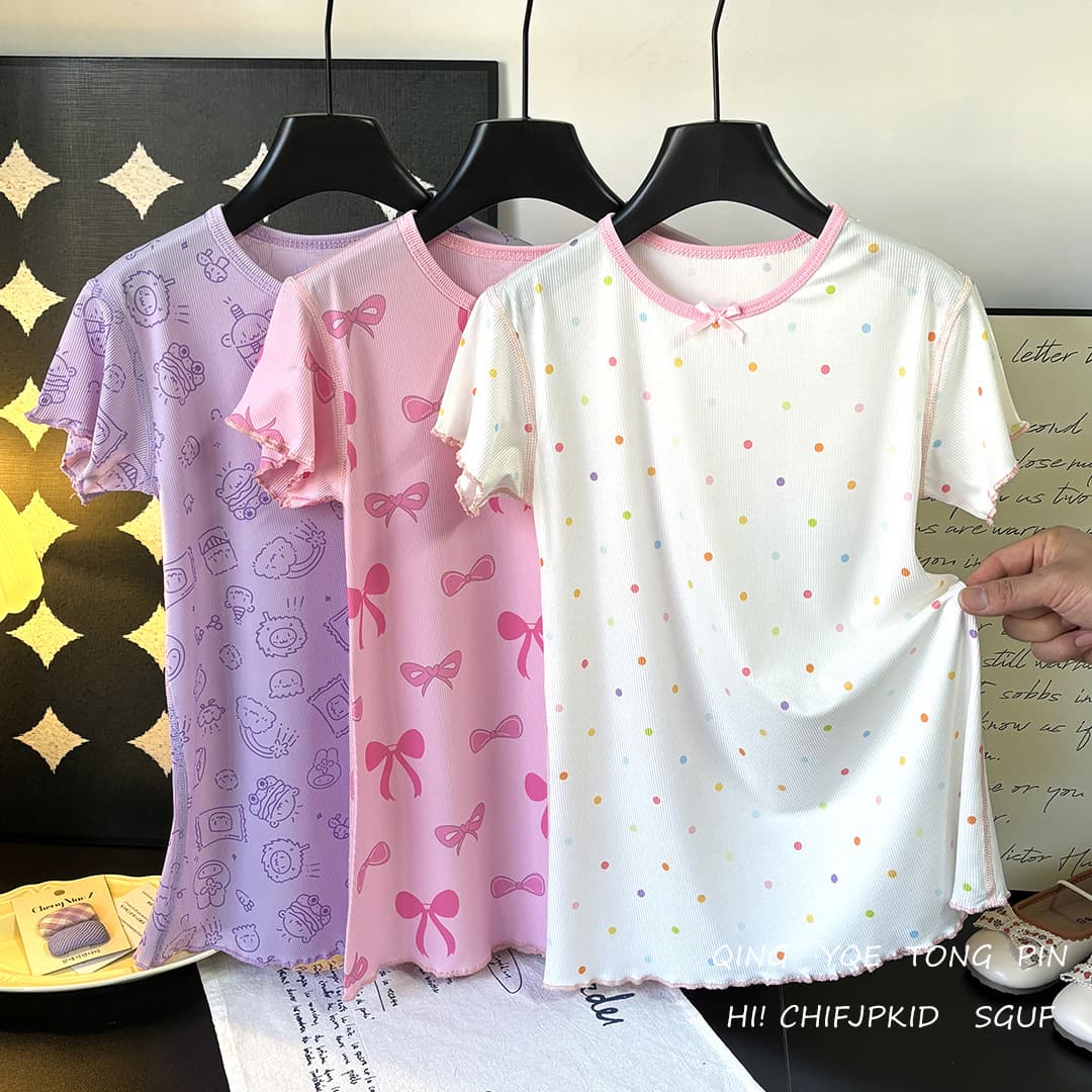 Round neck girl casual style one-piece dress cartoon home printed baby nightgown ice silk pajamas for women four needles six threads