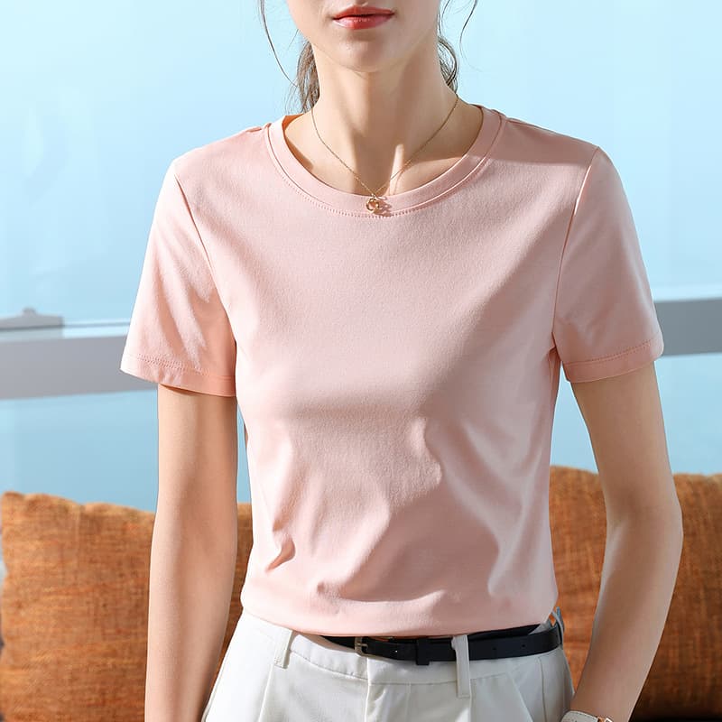 Ice Silk Cotton Short Sleeve T-Shirt Women 2025 New Women's Solid Color Round Neck Cotton Tee Simple Waist-Tightening Top
