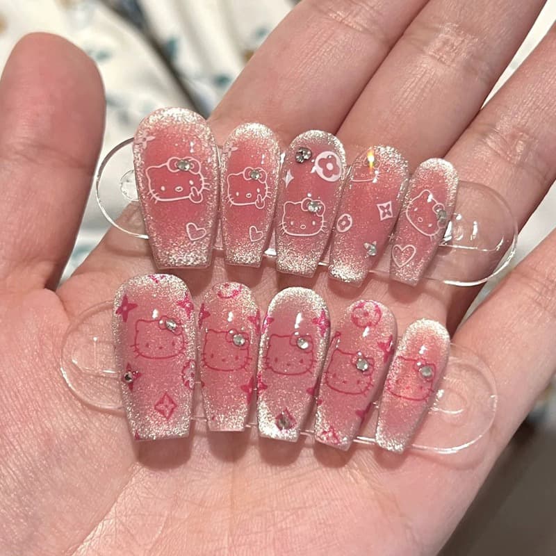 SP-22 Pink Blush Kitty 10pcs Gel Handmade Wearable Nails Cool Cat Eye French Finished Nail Tips Wholesale