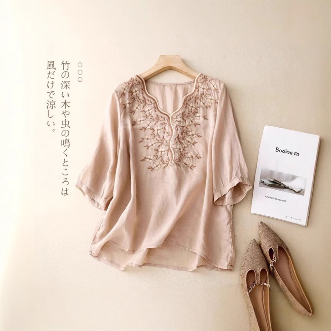 Linen Short Sleeve T-Shirt for Women, Loose Fit Summer 2025 New Plus Size, Middle-Aged Mother Cotton Linen Three-Quarter Sleeve Top