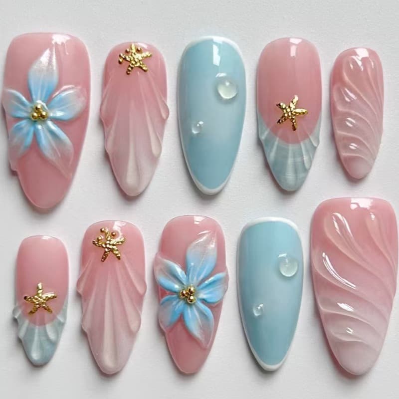3D Handmade Resin Shell Flower Nail Art French Wearable Nails Cross-Border European American Almond Shape 24 Pieces