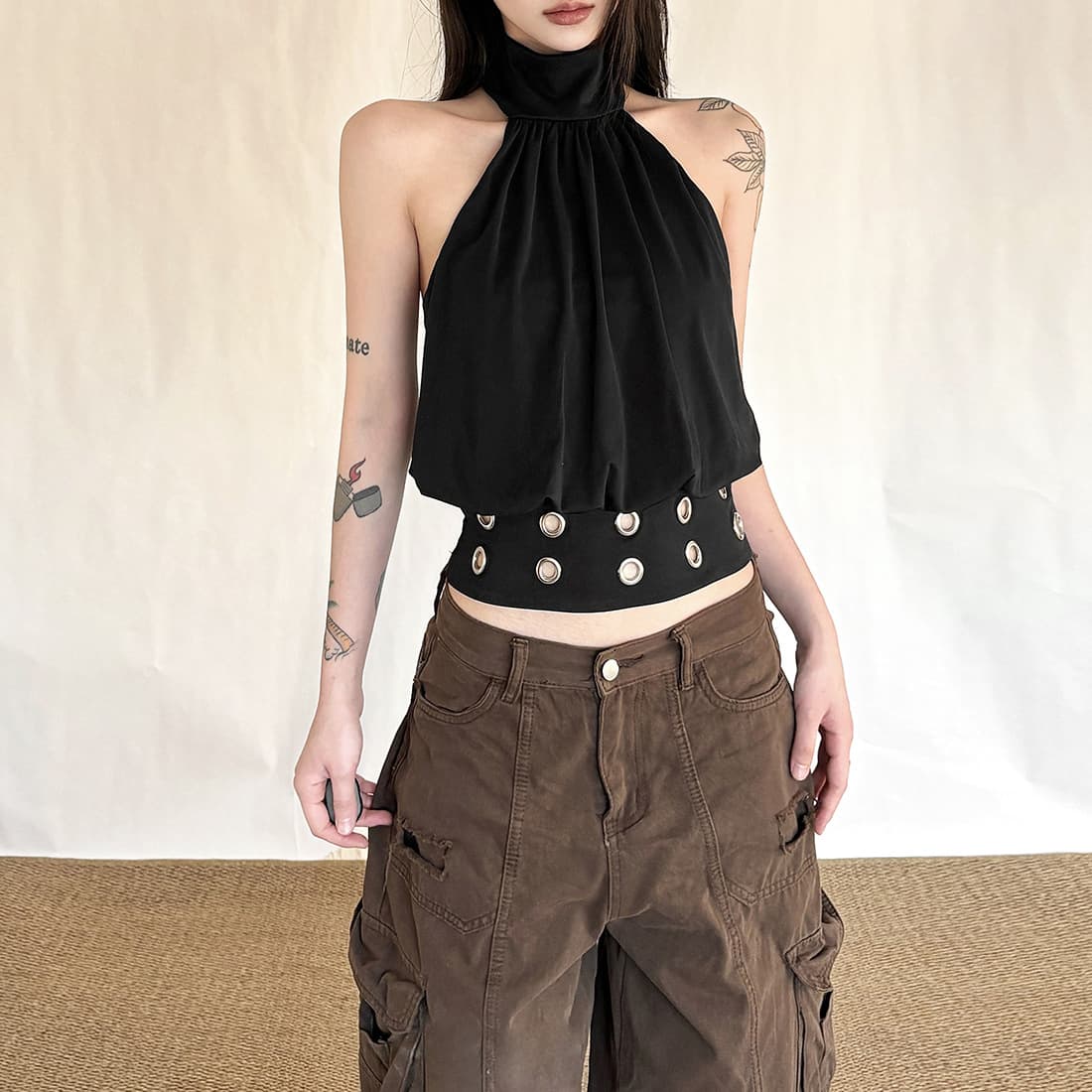 Cross-border European & American Style 2026 Spring New Women's Party Wear High Neck Halter Off-shoulder Sleeveless Crop Top