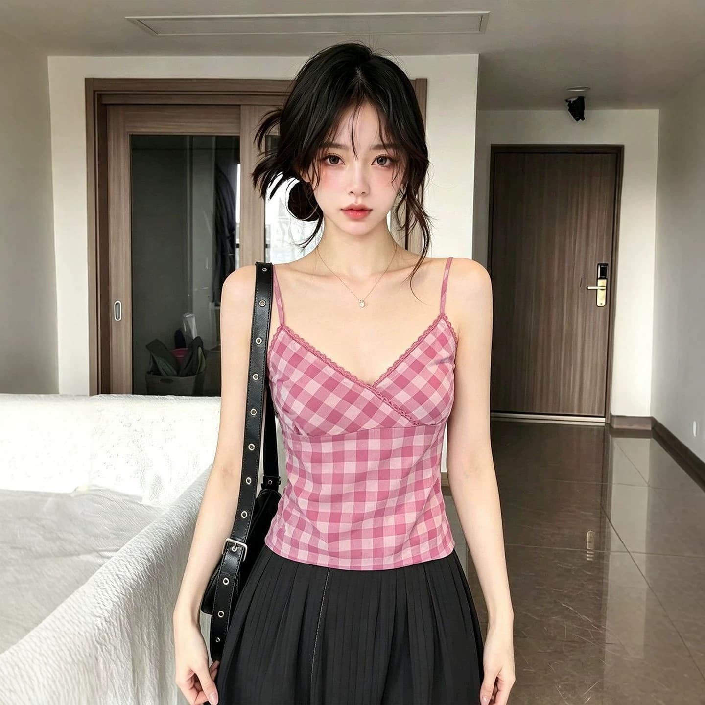 Pink plaid v-neck lace camisole women's summer Korean style pure lust hot girl slimming short top