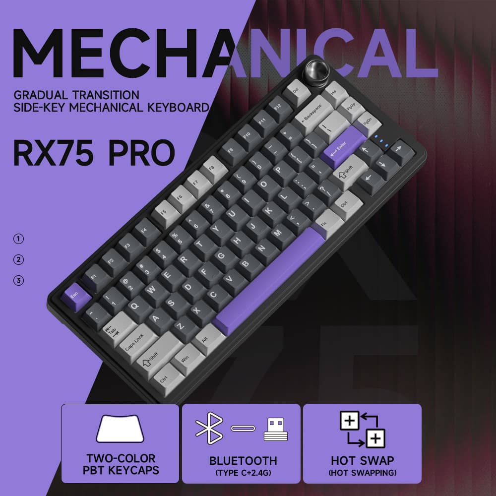 RX75 PRO Gaming Mechanical Keyboard Wireless Bluetooth Triple Mode Custom PBT Keycaps Office 75 Layout Keyboard