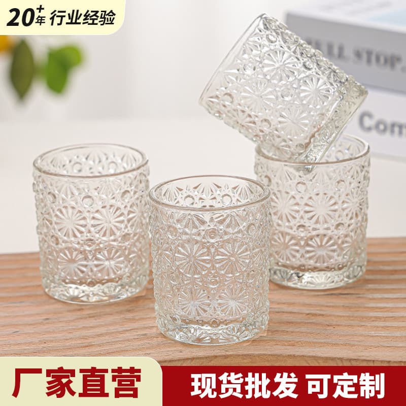 Glass Cup New Retro Atmosphere Decoration Aromatherapy Candle Cup Embossed Glass Candle Cup Empty Cup Wholesale