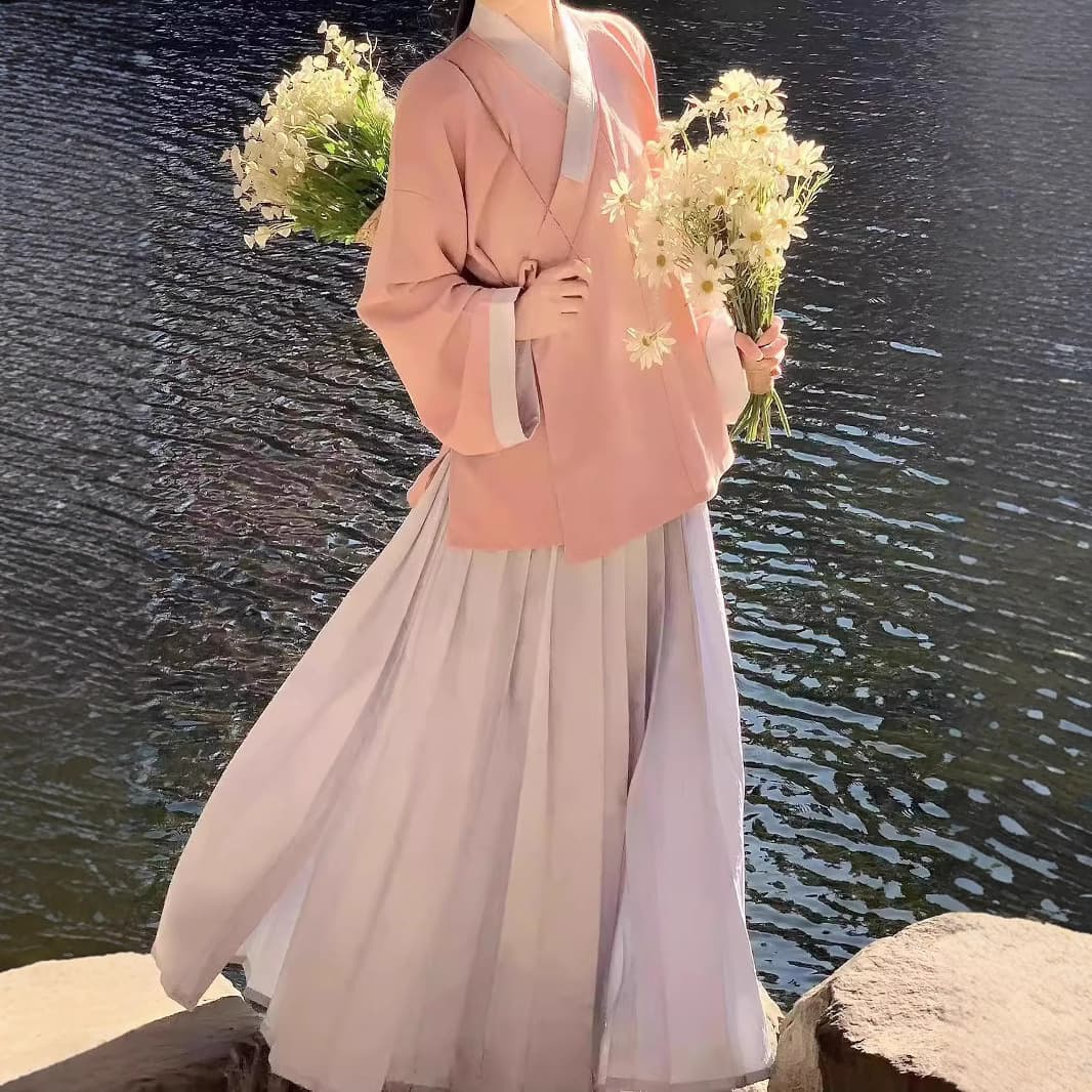 New Chinese Hanfu Women's Pink Ming Hanfu Women's National Style Improved Hanfu Suit Pleated Skirt Slant Top Simple
