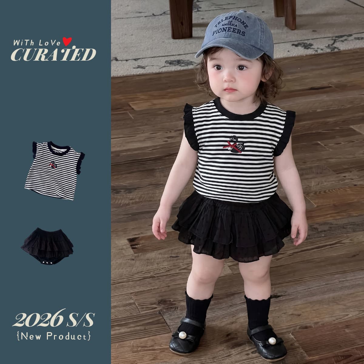 Baby girl summer sweet cool suit infant cartoon striped top cake bag butt skirt two-piece set of girls' clothes