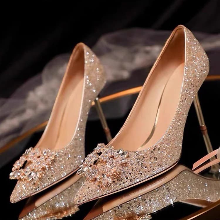 XiYan Wedding Shoes, Crystal Shoes for Bride, Dual-Wear for Xiuhe and Wedding Gown, High-End Champagne High Heels with Rhinestones