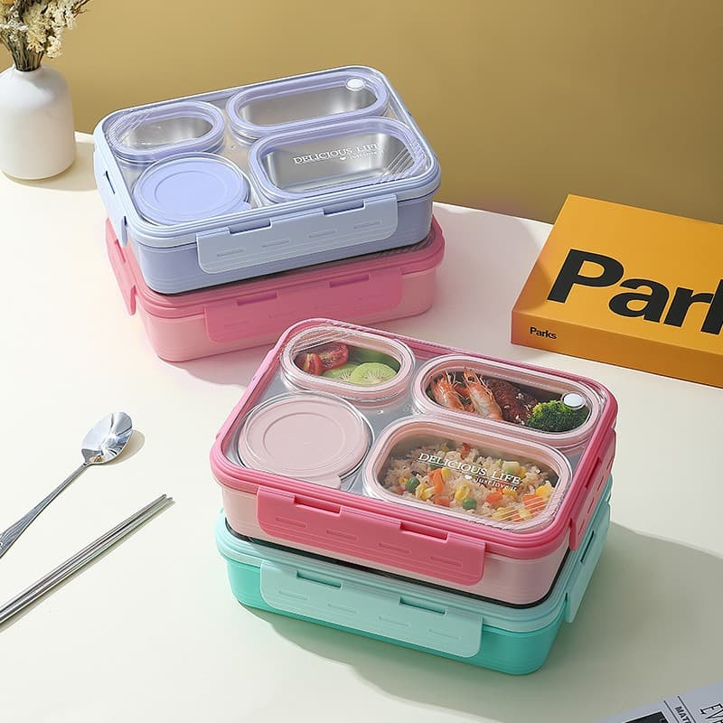 4-Compartment Leak-Proof Stainless Steel Lunch Box Square Portable Multi-Function Divided Lunch Box 304 with Logo