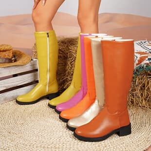 In Stock British Style Plus Size Knee-High Boots Not Over Knee High Boots Women's Versatile Leather Boots Wholesale